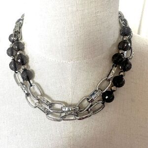 Silver tone and grey beaded long link necklace
